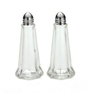 Eiffel Tower Shape Clear Glass Salt & Pepper Shakers Stainless Steel Caps 4.5 in